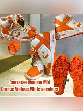 Converse Weapon Mid White and Orange Retro Basketball Sneakers, Sizes 12 & 10.5